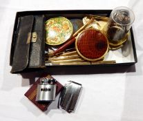 Assorted items including compacts, a Sheaffer fountain pen, pens, pencils, lighters, etc.