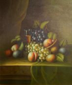 Contemporary oil on board Still life of fruit with glass,