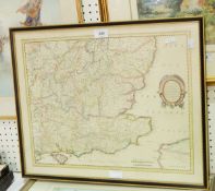 Colour print after the original map of South East England and a watercolour drawing of a vase of