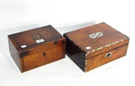 An oak jewellery box and a walnut writing box with mother-of-pearl inlay