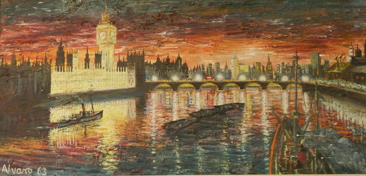 Alvaro (Contemporary) Oil on board Nightscape of the River Thames with floodlit Houses of