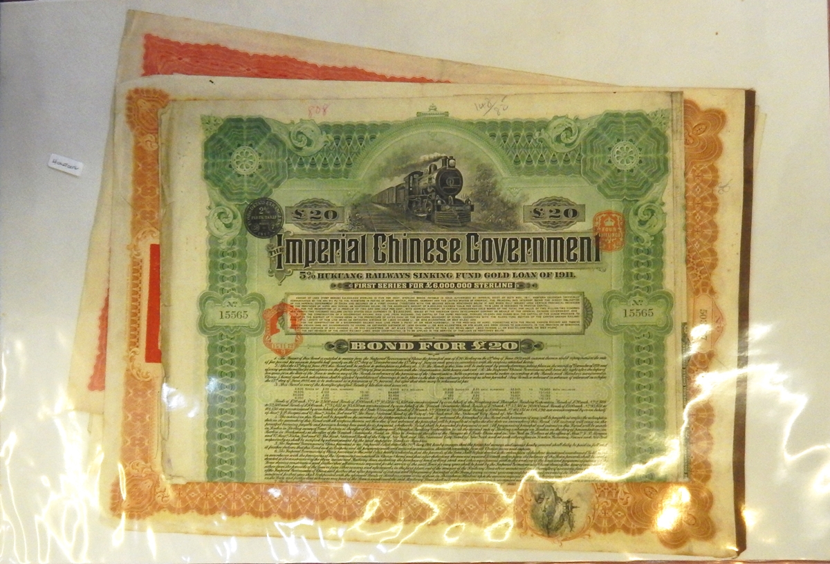 A quantity of bond and share certificates including The Imperial Chinese Government 5% Hukuang