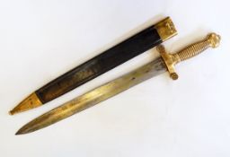 An 1831 French Gladius sword with leather sheath and brass pointed end