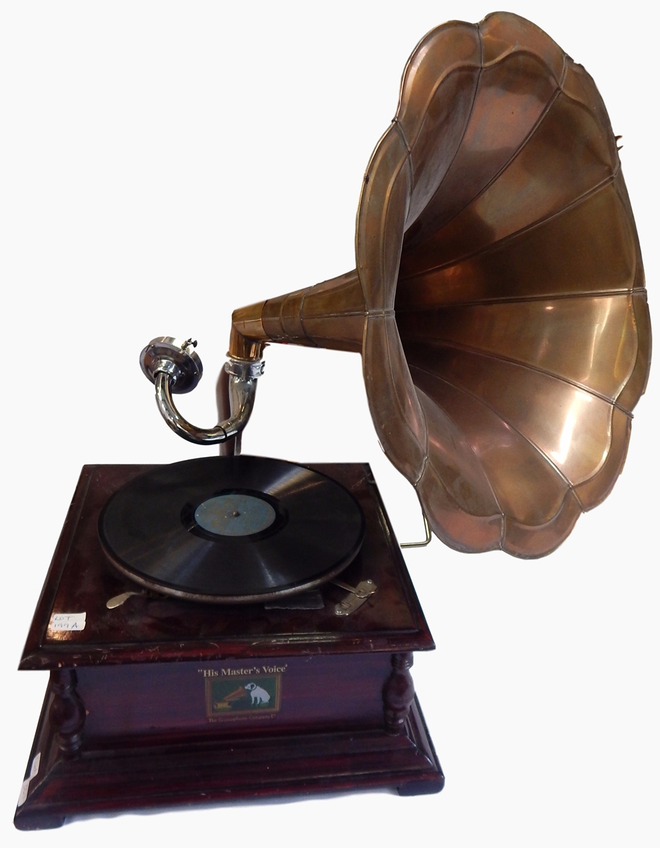 HMV stained wood clockwork gramophone with 44cm brass petal horn