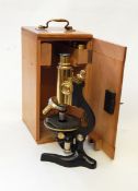 A monocular brass microscope by F Koristka, Milano, No.