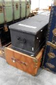 A wood-bound canvas trunk and a painted pine tool box (2)