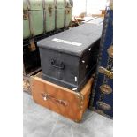 A wood-bound canvas trunk and a painted pine tool box (2)