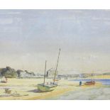 Lyons Wilson Watercolour drawing "Rock", estuary with sailing boats aground,