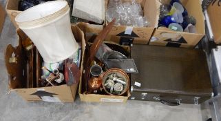 Various items including manual sewing machine, metalware, stoneware lamp base, etc.