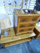 A two-tier pine coffee/magazine table and a small three drawer chest,