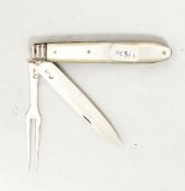 A Georgian silver fruit knife and folding fork in case together with mother-of-pearl handle,