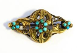 Victorian gold-coloured metal turquoise and garnet set brooch of openwork foliate scroll pattern