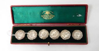 A set of six Victorian silver buttons with Watteau type scenes, Birmingham 1900, by Levi and Salmon,