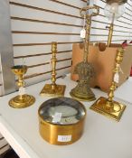 Various brass items including a brass doorstop modelled as a sheaf of wheat,