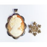 9ct gold and seedpearl brooch, flowerhead pattern and a silver carved shell cameo pendant,