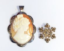 9ct gold and seedpearl brooch, flowerhead pattern and a silver carved shell cameo pendant,