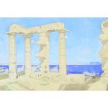 R Tourte Watercolour and pencil "Sounion, Greece", a view looking out to sea,