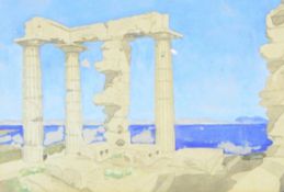 R Tourte Watercolour and pencil "Sounion, Greece", a view looking out to sea,