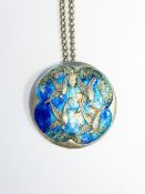 Arts & Crafts silver and enamel pendant, circular, embossed with birds in flight,