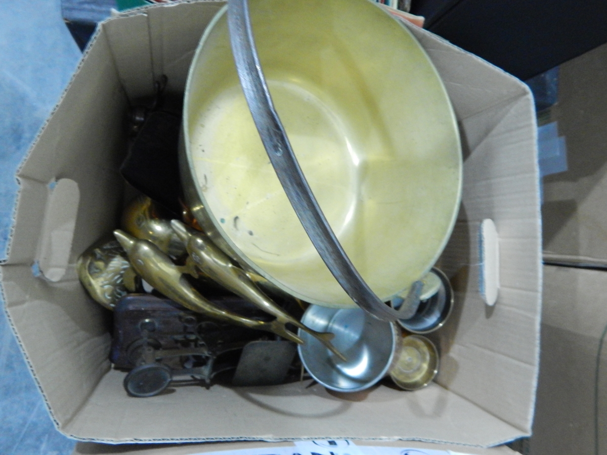 A quantity of metalware including brass jam pan, fireguard, bellows, etc.