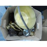 A quantity of metalware including brass jam pan, fireguard, bellows, etc.