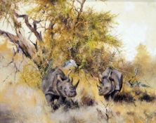 Robin Peterson Oil on canvas "Rhinos in the Bush", signed and dated 1992,