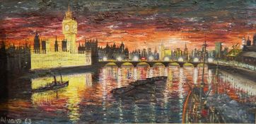 Alvaro (Contemporary) Oil on board Nightscape of the River Thames with floodlit Houses of