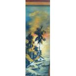 Pair of oils on canvas Oriental beach scenes and two prints (1 box)