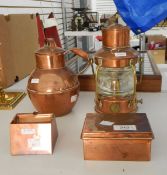 Various copper items including a copper lidded box, a copper ashtray, a copper water jug,