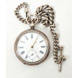 A silver open faced pocket watch with enamel dial and Roman numerals,