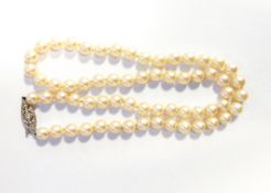 A uniform row of cultured pearls with a paste set clasp