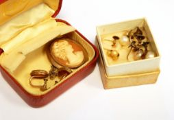 A cameo brooch within a yellow metal surround and a pair of matching earrings,