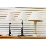 A pair of iron column table lamps and shades together with another (3)