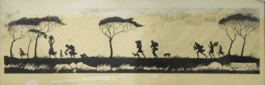 A quantity of pictures and prints including oil on panel, cows in meadow, silhouette,