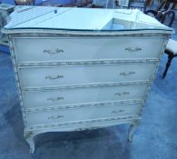 A white painted Antoinette-style chest of four drawers, having bevelled mirrored top,