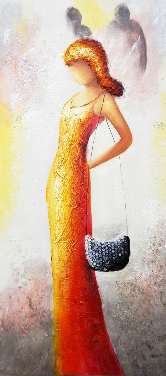 Mixed media on canvas Stylised full-length portrait of woman with handbag,