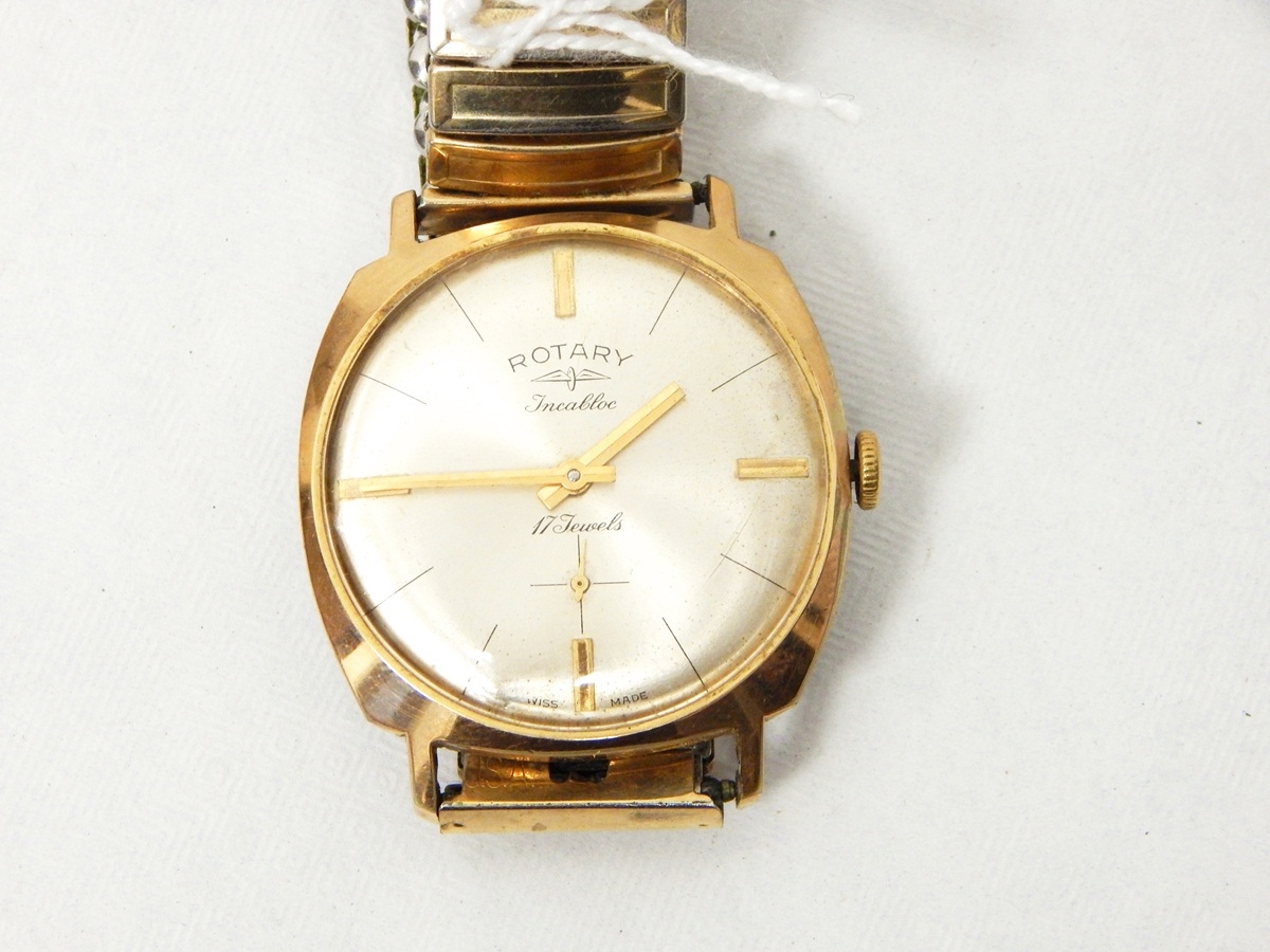 A lady's rolled gold Caravelle cocktail watch together with a gentleman's Rotary 17 jewel watch