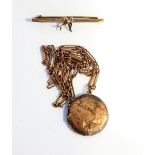 A 9ct gold locket with neck chain and 9ct bar brooch, approx. 13.