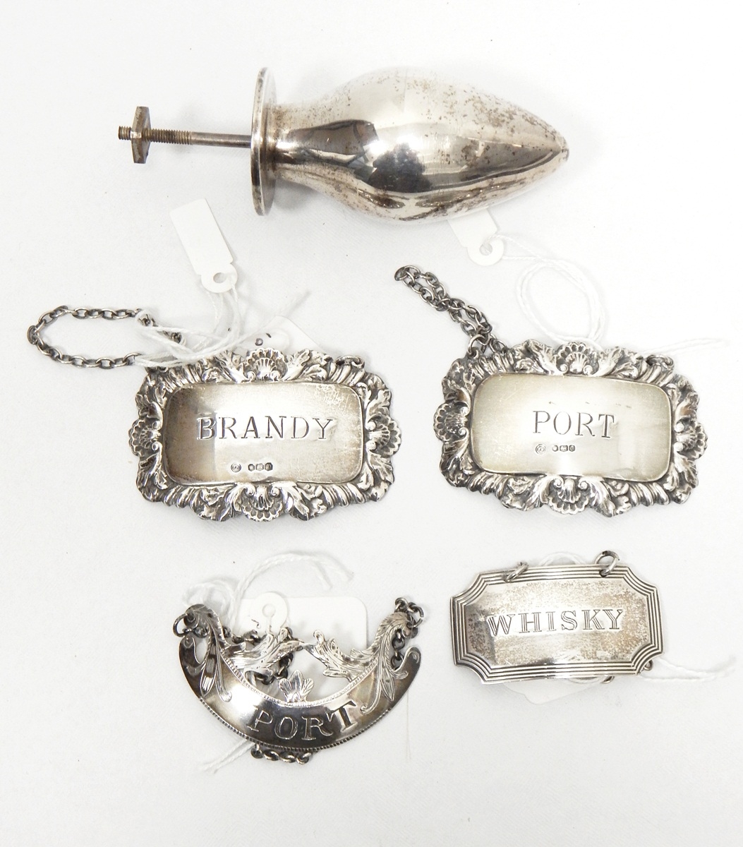 A pair of silver wine labels for brandy and port by Frances Howard,