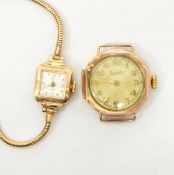 A lady's 9ct gold wristwatch together with a lady's rose-coloured pocket watch (no strap)