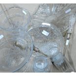 A cut glass trinket tray, two cut vases, cut trifle dish,
