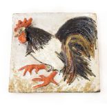 A Colin Kellam studio pottery tile, relief decorated with cockerel, on mottled ground, 25cm x 27.