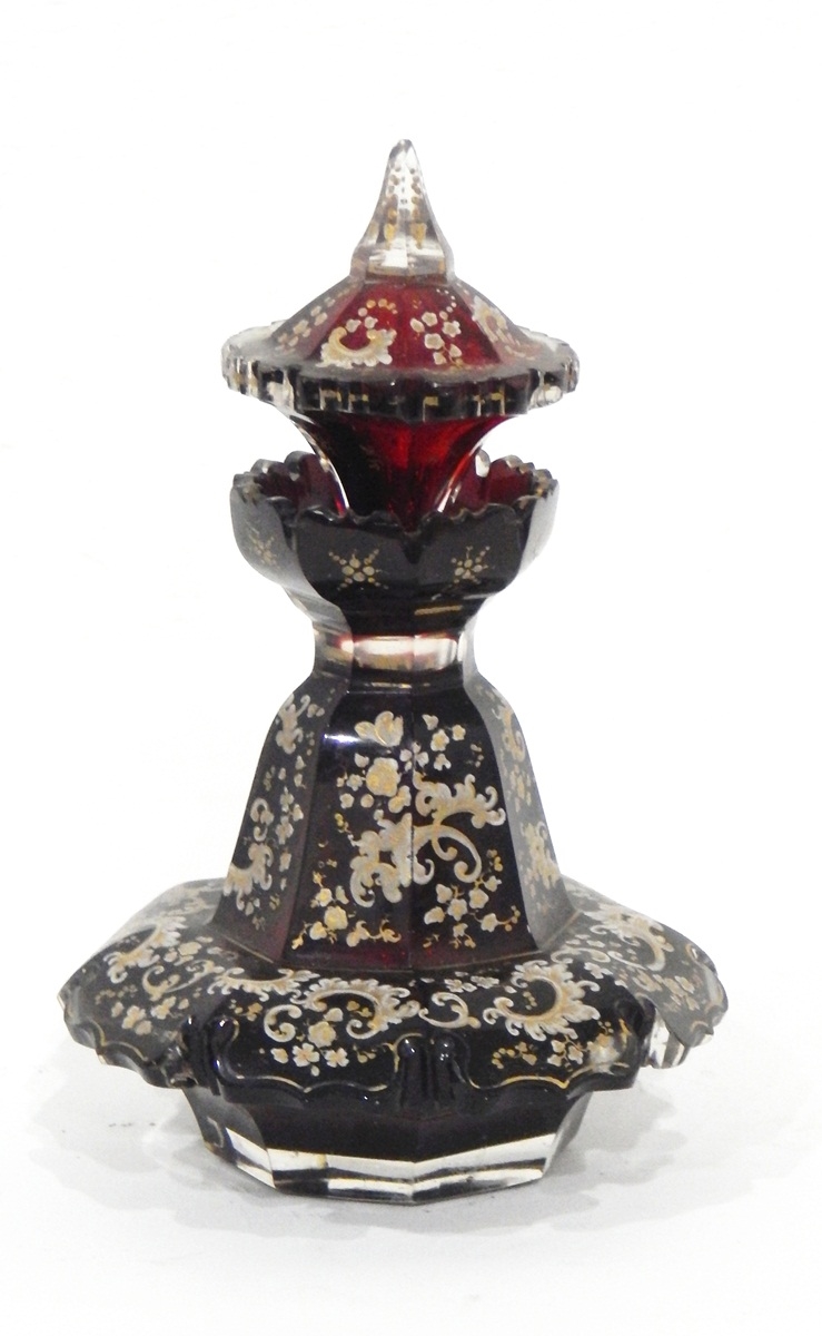 Bohemian ruby glass shaped decanter of shaped octagonal form with frill rim and frill rimmed