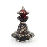 Bohemian ruby glass shaped decanter of shaped octagonal form with frill rim and frill rimmed