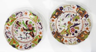 Two Victorian dinner plates decorated with stylised foliage in the Imari palate