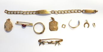 9ct gold identity bracelet, rolled gold turquoise set bar brooch with swallows,