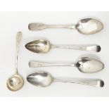 Four assorted Georgian silver tablespoons and sauce ladle, 8oz approx.