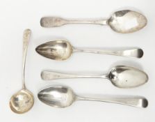Four assorted Georgian silver tablespoons and sauce ladle, 8oz approx.