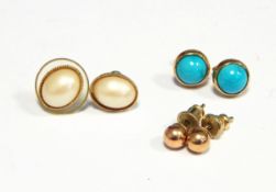 Pair 9ct gold turquoise earrings and two other pairs of earrings