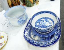 A Victorian blue and white meat plate decorated with scene of hunts before a bridge,